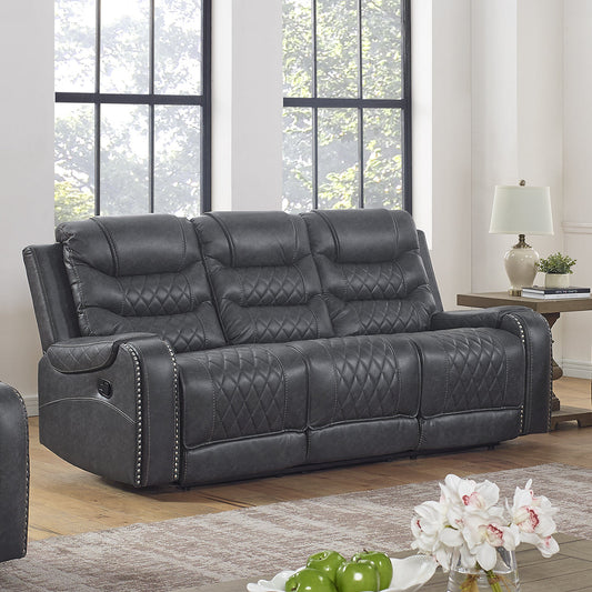 Klens Faux Leather Reclining Sofa with Nailhead Trim and USB Port, Gray