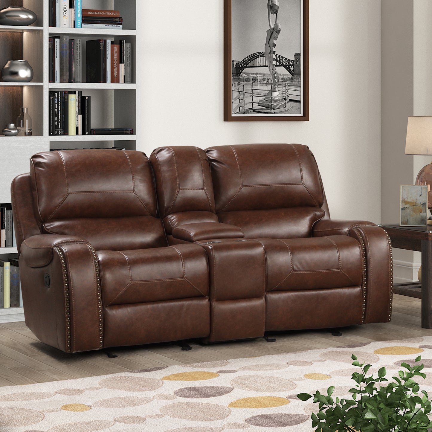 Achern Brown Leather Nailhead Air Reclining Loveseat with Storage Console