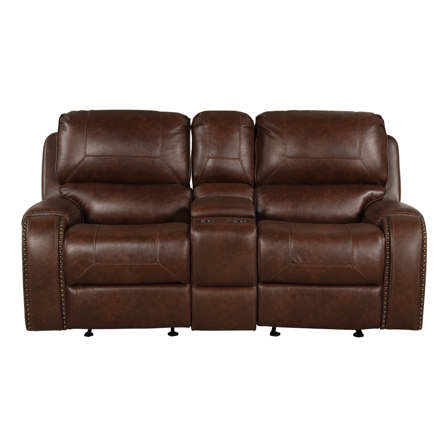 Achern Brown Leather Nailhead Air Reclining Loveseat with Storage Cons