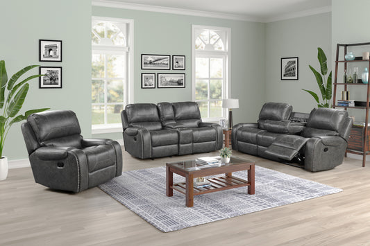 Achern Gray Leather-Air Nailhead Manual Reclining Living Room Collection