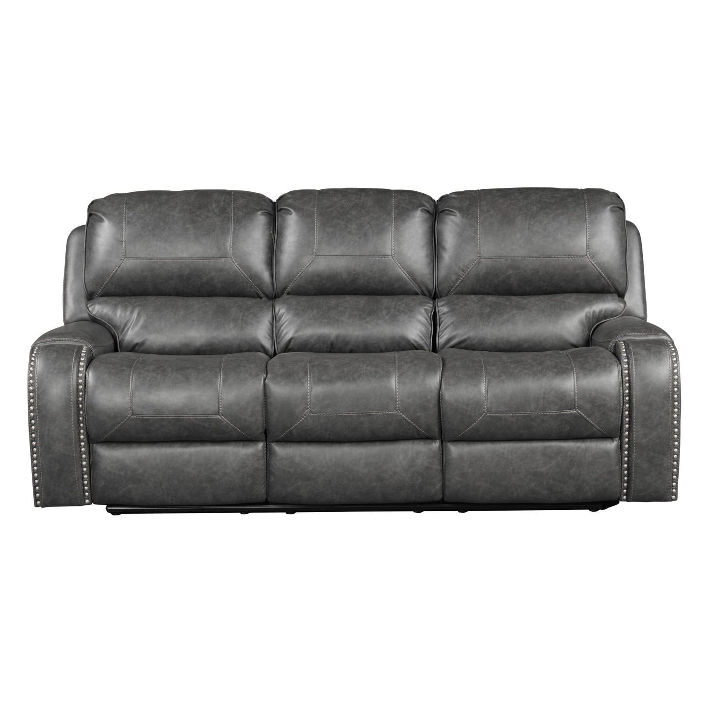 Achern Gray Leather-Air Nailhead Manual Reclining Sofa with USB Port