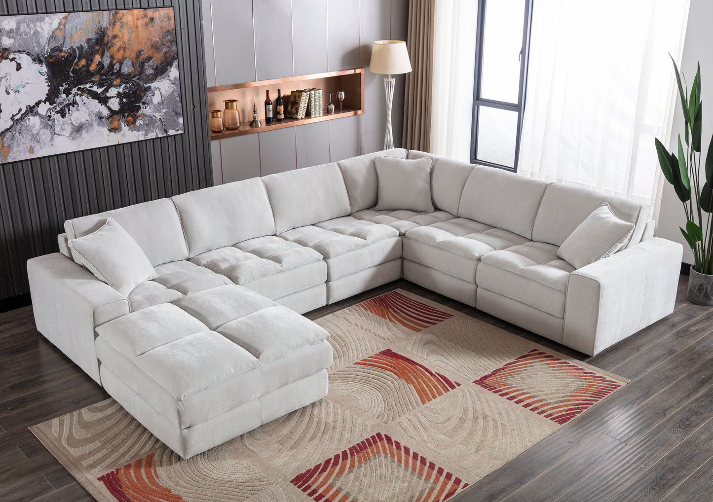 Breton Contemporary Fabric Tufted Modular Sectional Sofa with Ottoman, Oyster