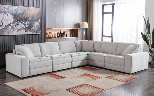 Breton Contemporary Fabric Tufted 6 Piece Modular Sectional Sofa, Oyster