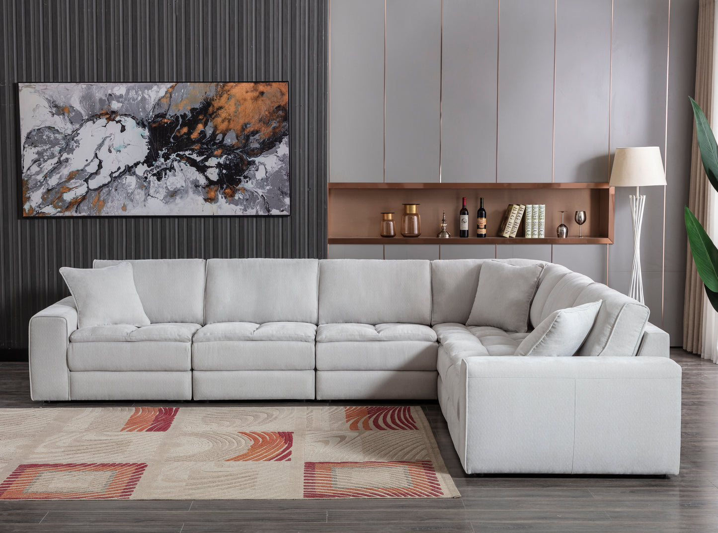 Breton Contemporary Fabric Tufted 6 Piece Modular Sectional Sofa, Oyster