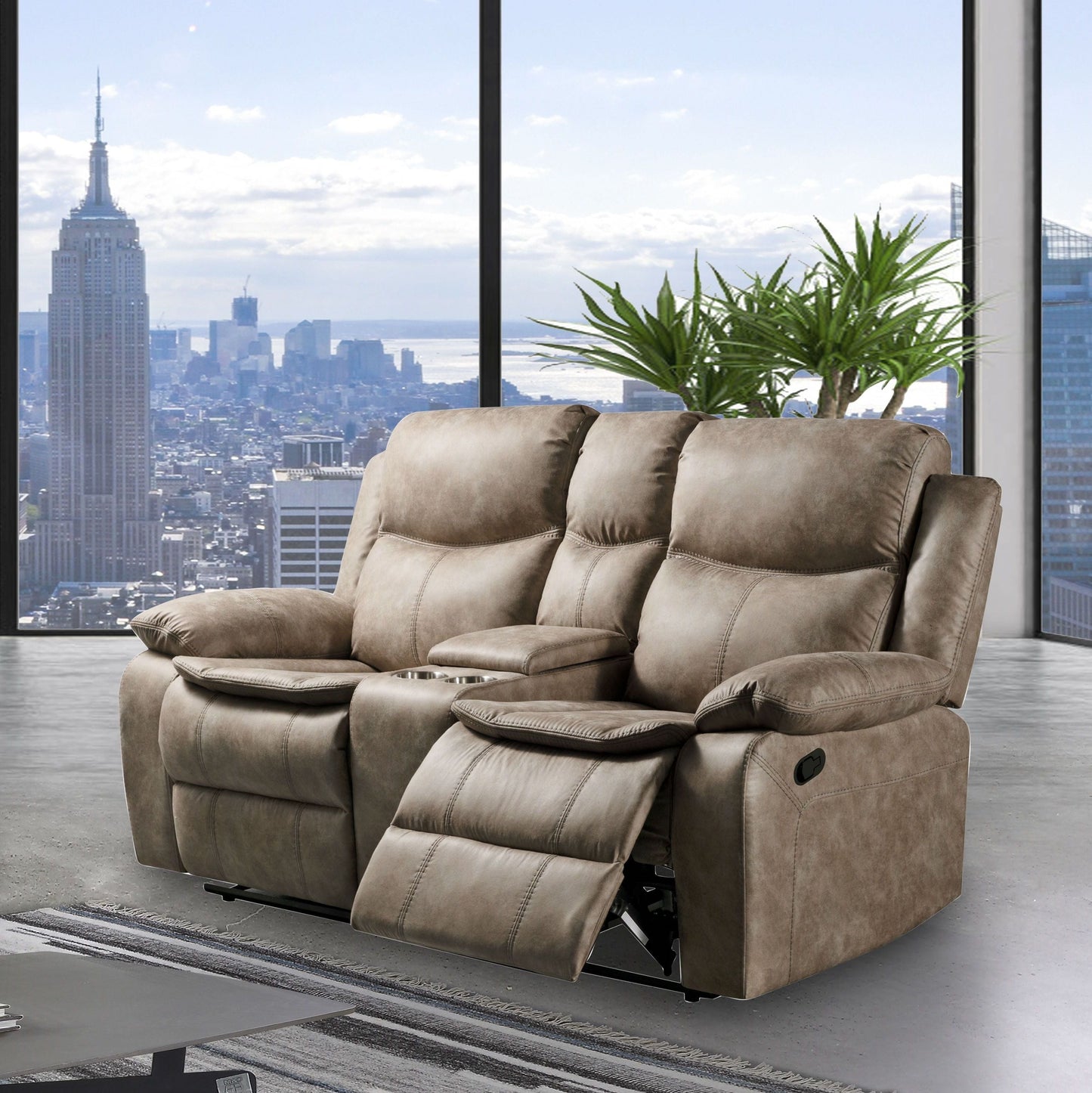Ensley Faux Leather Reclining Storage Loveseat in Sand Finish