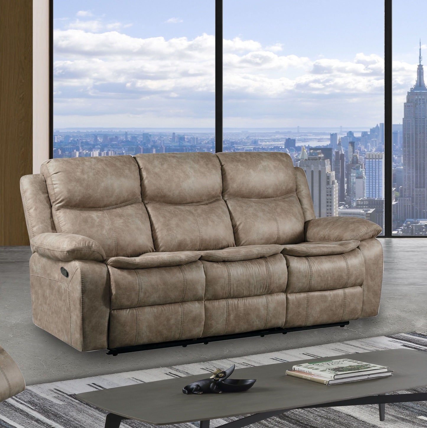 Ensley Faux Leather Reclining Sofa with USB Port in Sand Finish