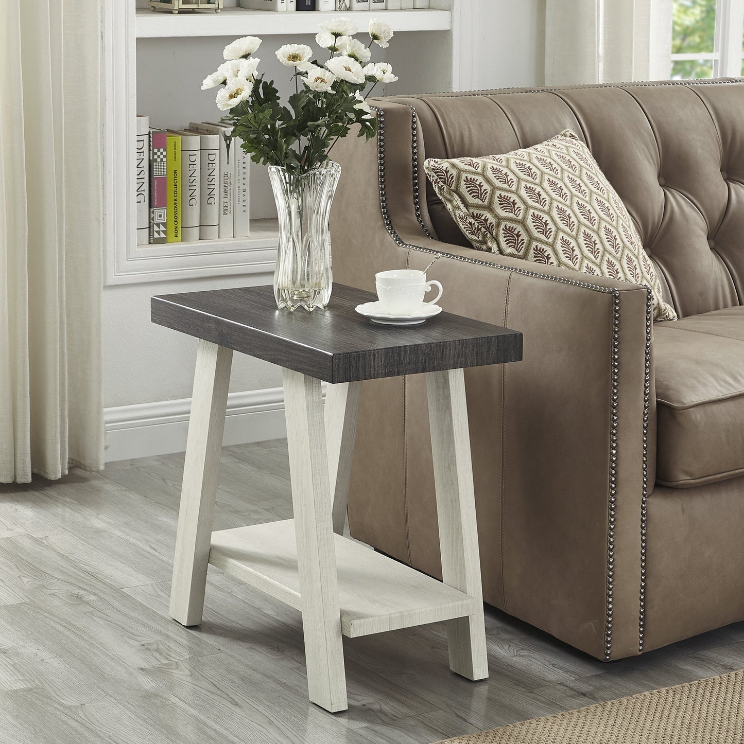 Athens Contemporary Two-Tone Wood Shelf Side Table in Weathered Charcoal and Beige