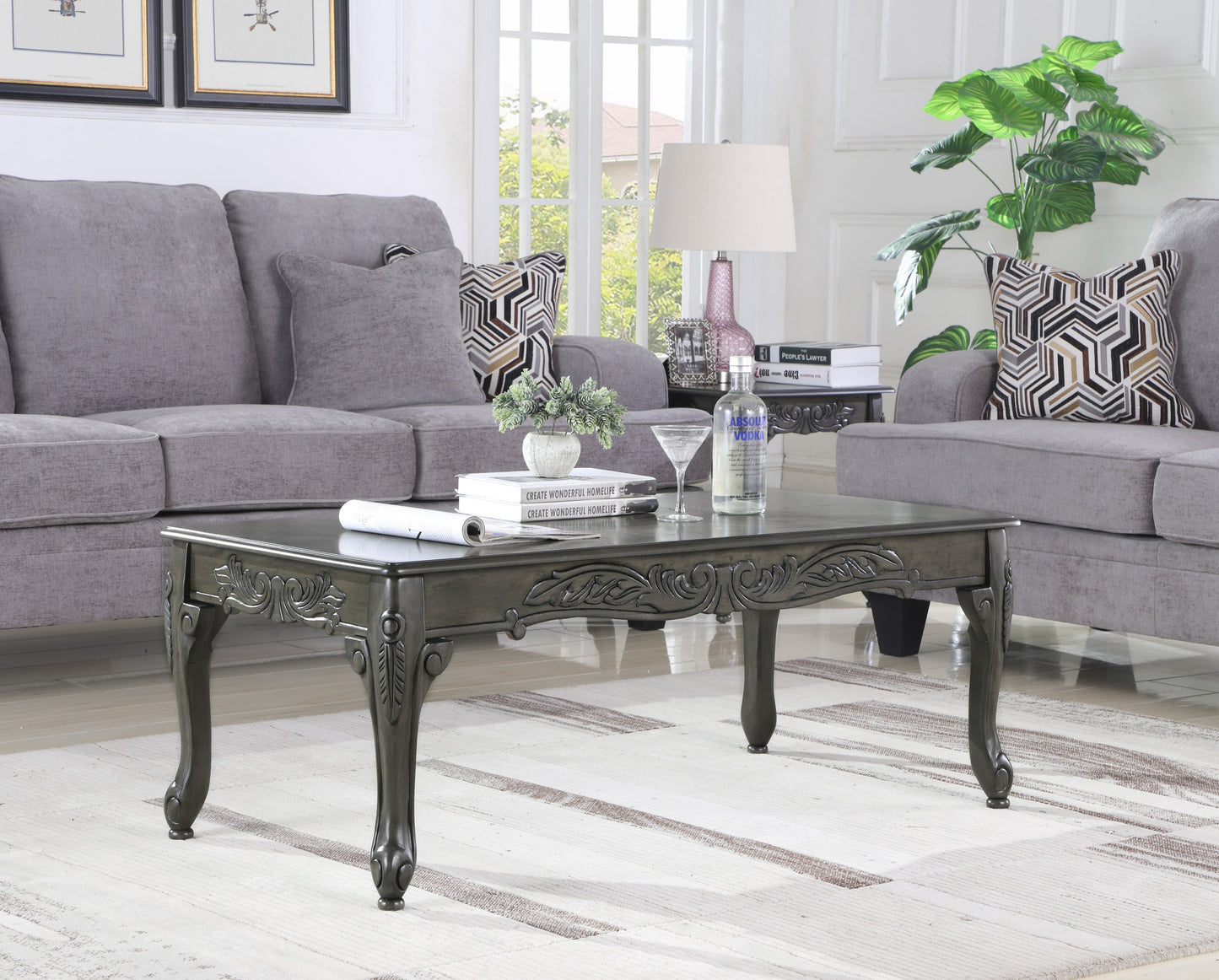 Traditional Ornate Detailing Grey Finish Wood Coffee Table