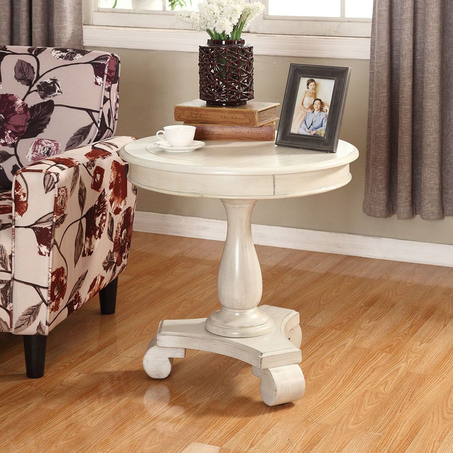 Rene White Round Wood Pedestal Side Table