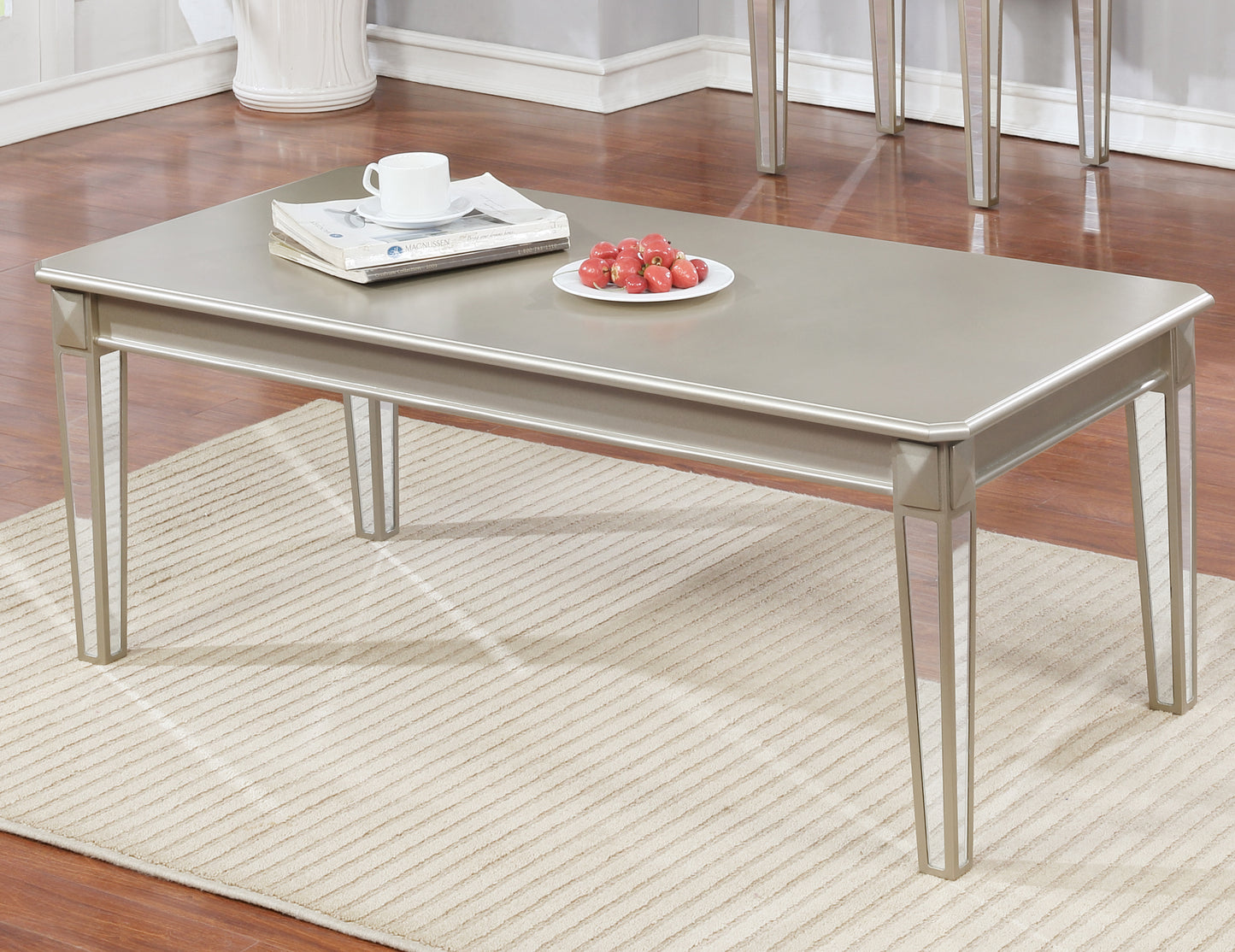 Barent Contemporary Wood Coffee Table with Mirrored Legs, Champagne