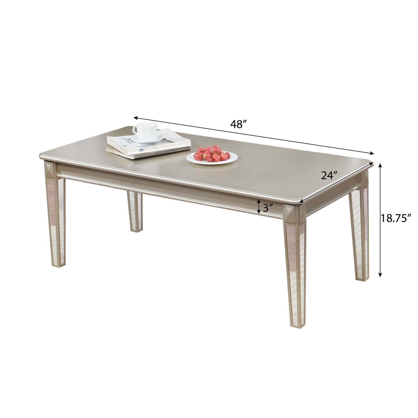 Barent Contemporary Wood Coffee Table with Mirrored Legs, Champagne