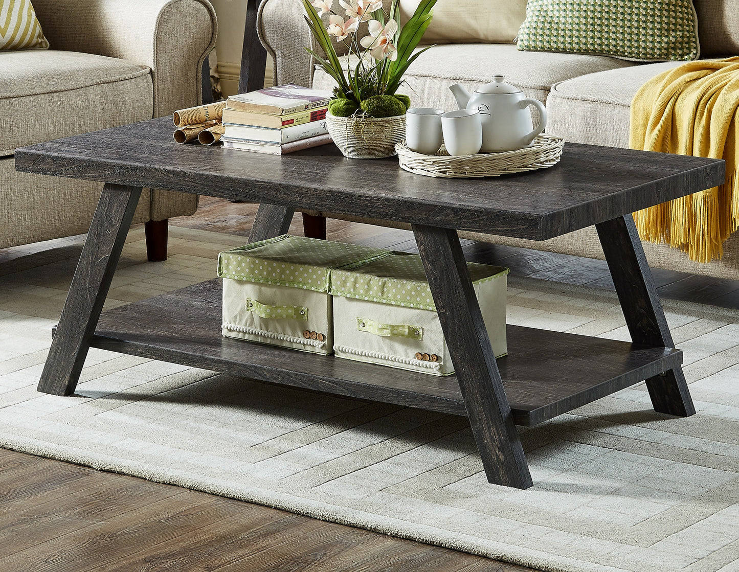 Athens Contemporary Replicated Wood Shelf Coffee Table in Charcoal Finish