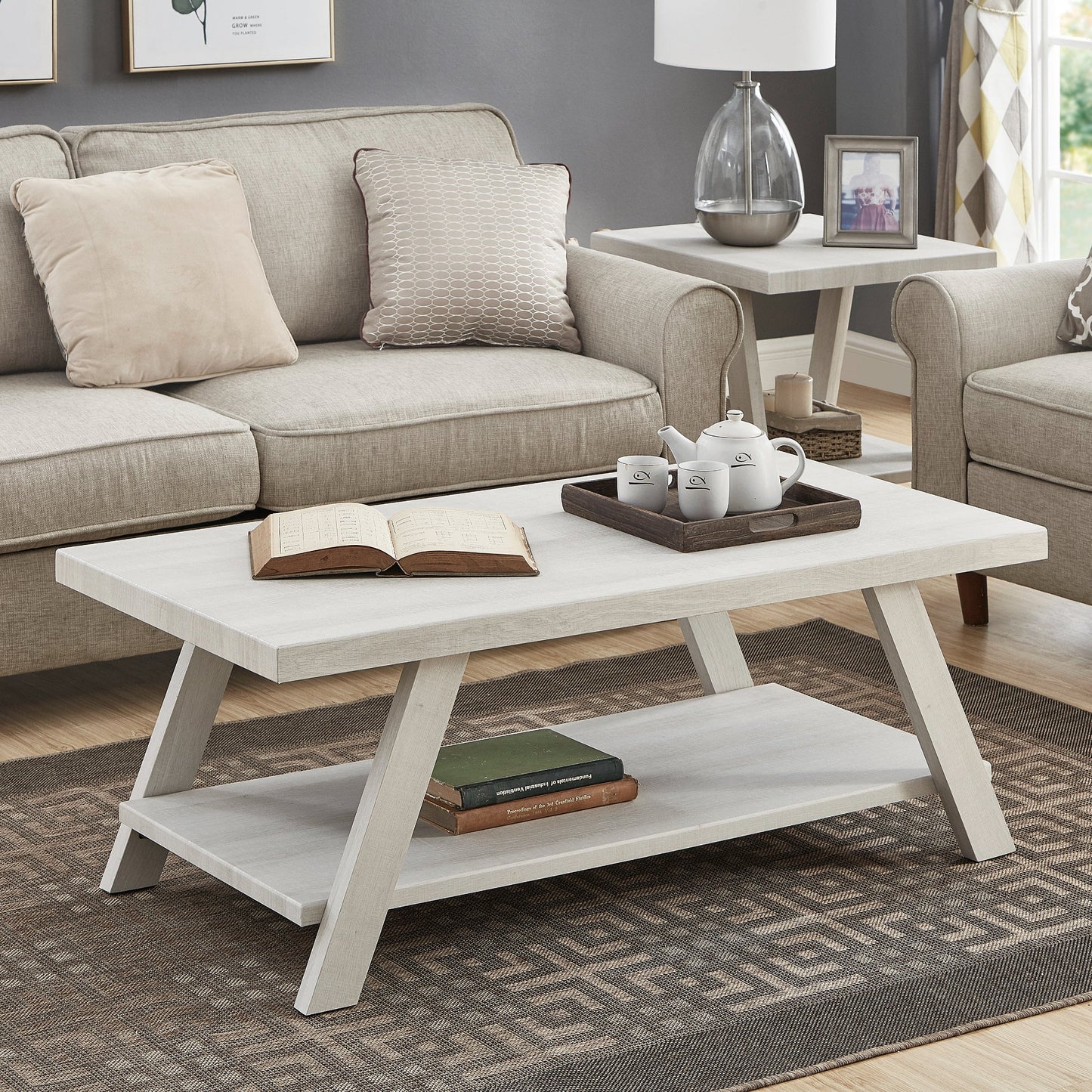 Athens Contemporary Wood Shelf Coffee Table in White Finish
