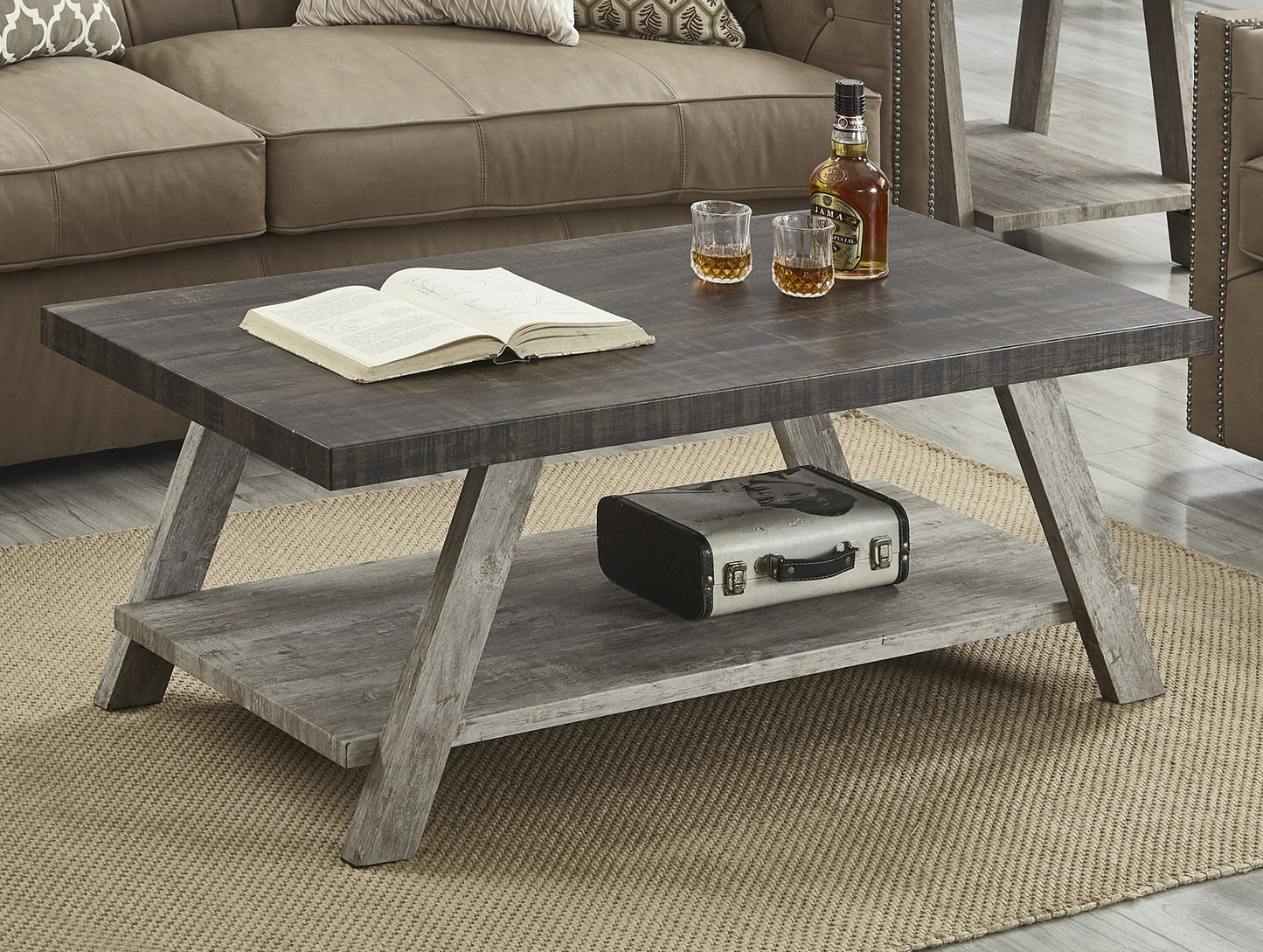 Athens Contemporary Two-Tone Wood Shelf Coffee Table in Weathered Walnut and Gray