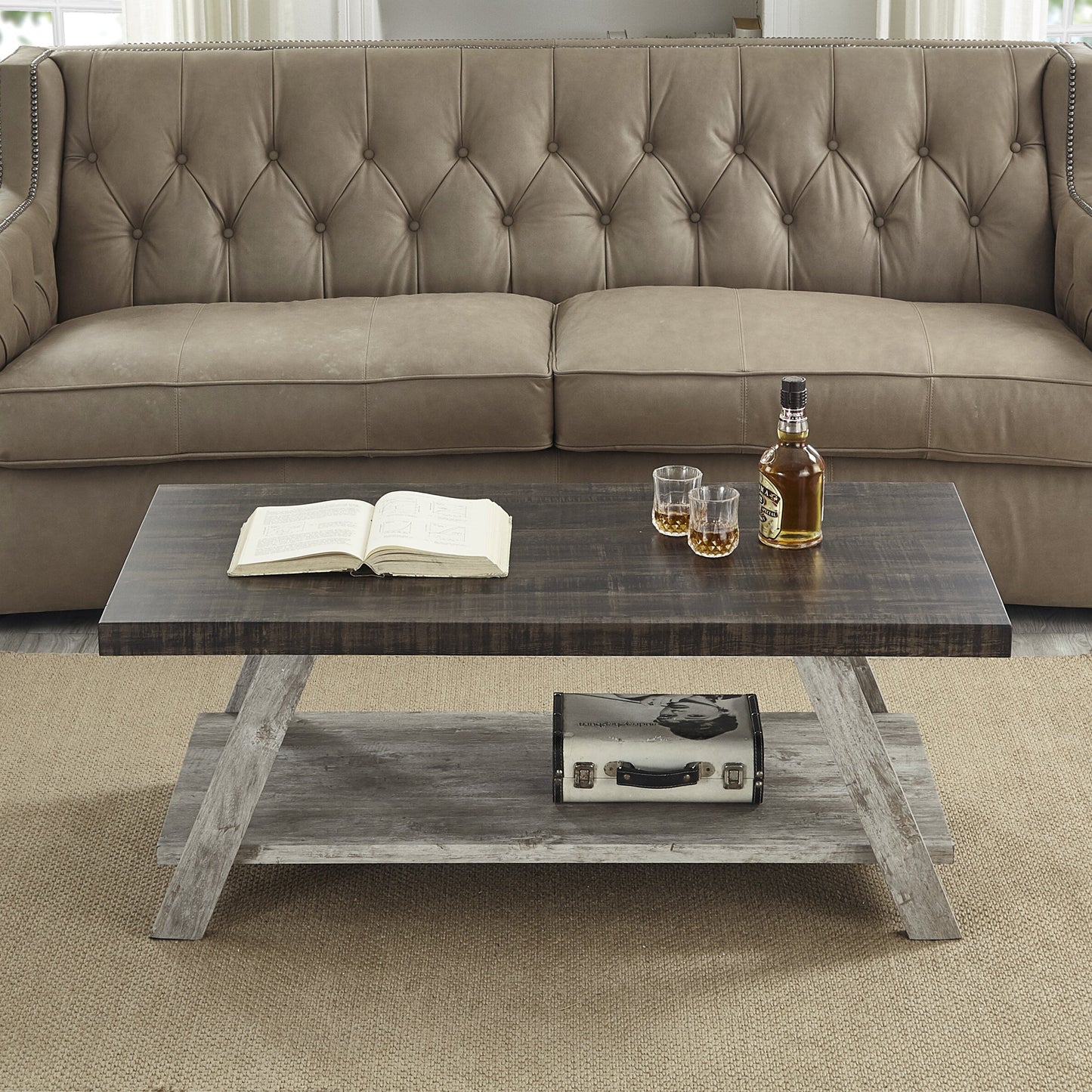 Athens Contemporary Two-Tone Wood Shelf Coffee Table in Weathered Walnut and Gray
