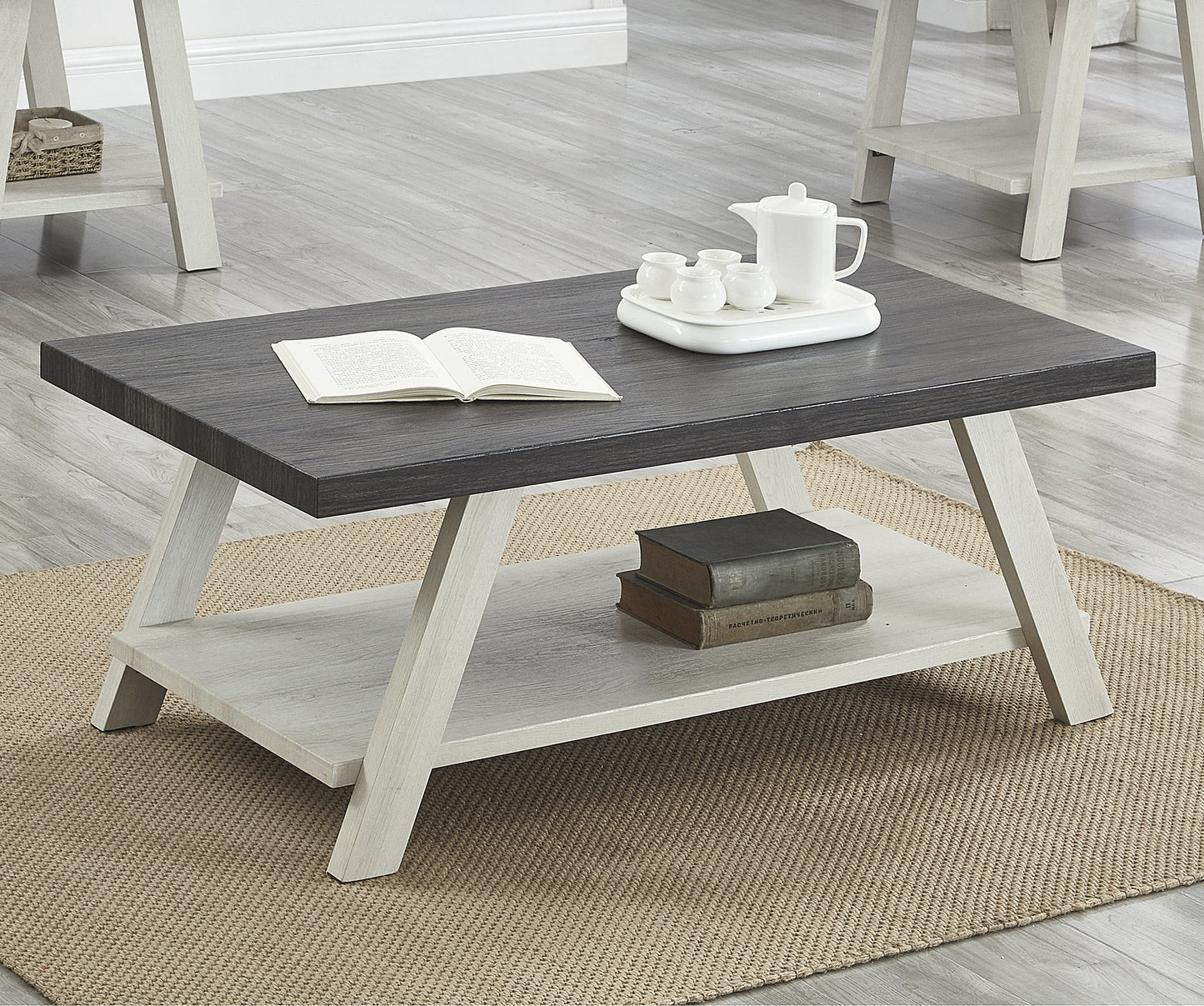 Athens Contemporary Two-Tone Wood Shelf Coffee Table in Weathered Charcoal and Beige