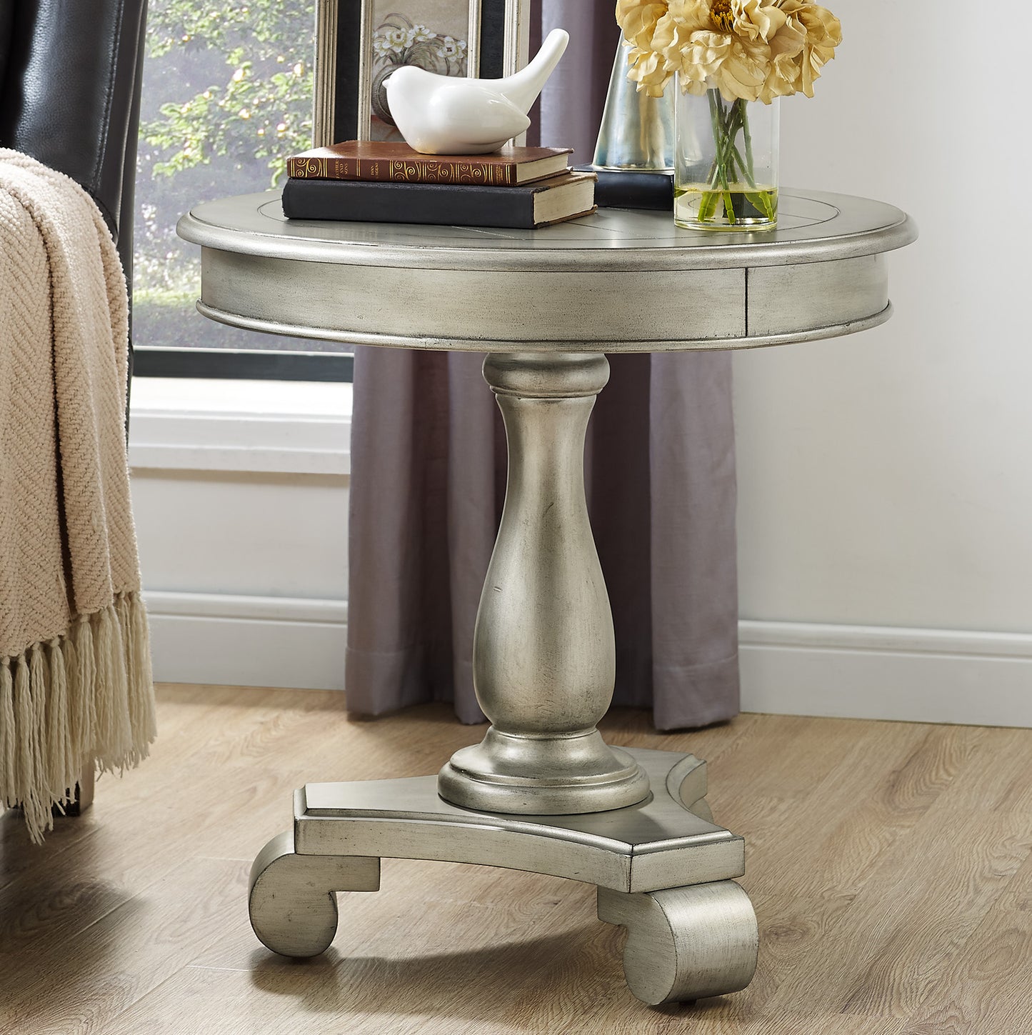 Rene Round Wood Pedestal Side Table, Champagne