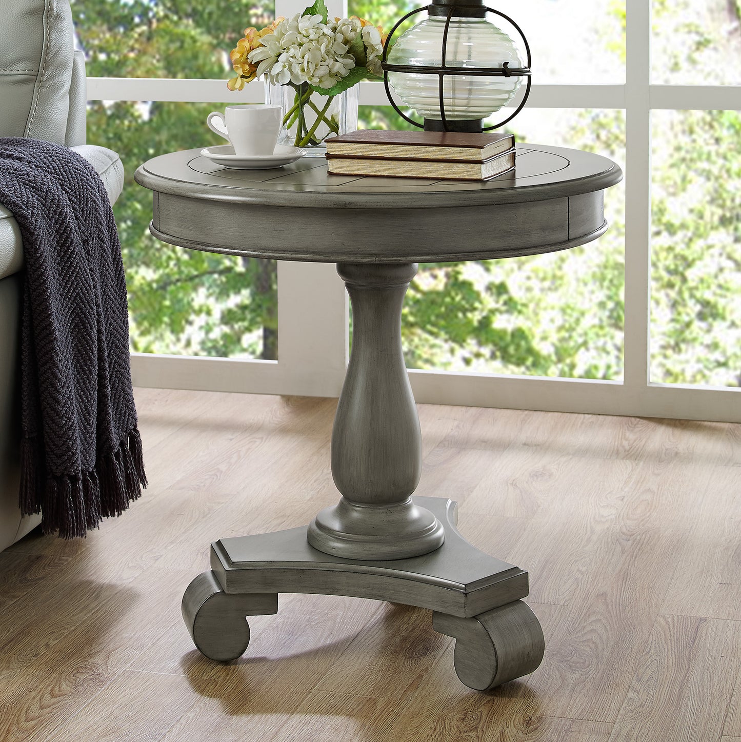 Rene Round Wood Pedestal Side Table, Gray