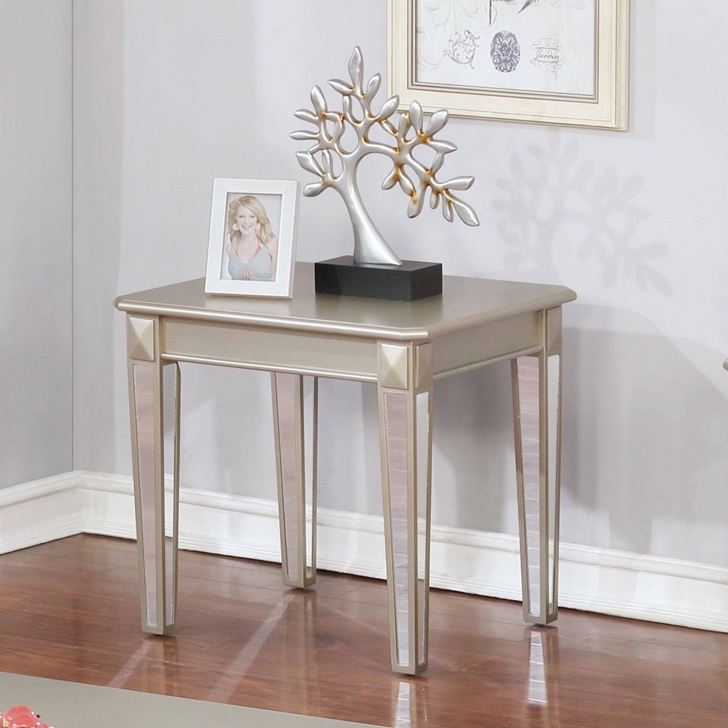 Barent Contemporary Wood End Table with Mirrored Legs, Champagne