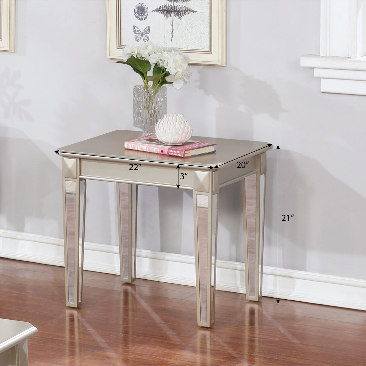 Barent Contemporary Wood End Table with Mirrored Legs, Champagne