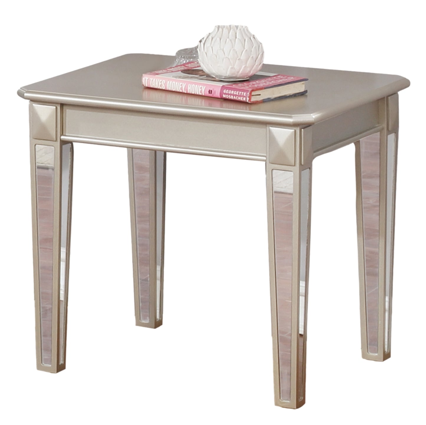 Barent Contemporary Wood End Table with Mirrored Legs, Champagne