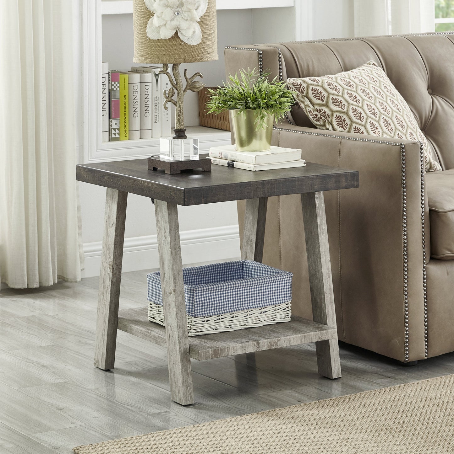Athens Contemporary Two-Tone Wood Shelf End Table in Weathered Walnut and Gray