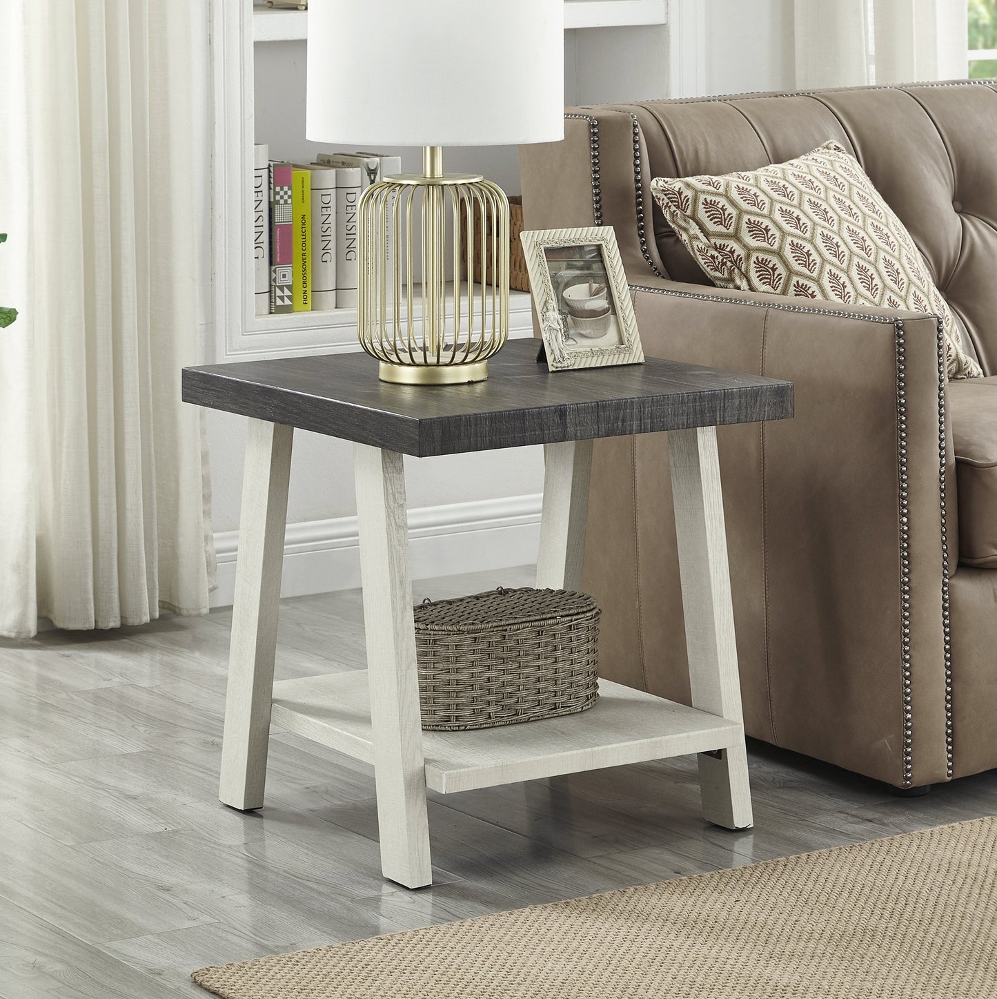 Athens Contemporary Two-Tone Wood Shelf End Table in Weathered Charcoal and Beige