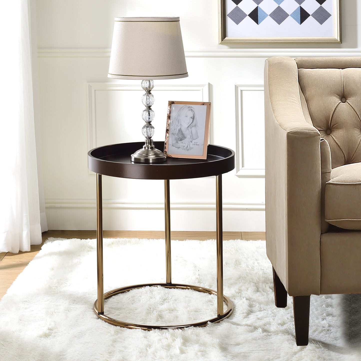 Genoa Round Tray Table with Metal Frame, Espresso