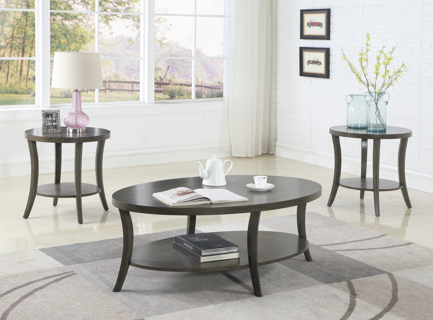 Perth Contemporary Oval Shelf Coffee Table Set, Gray