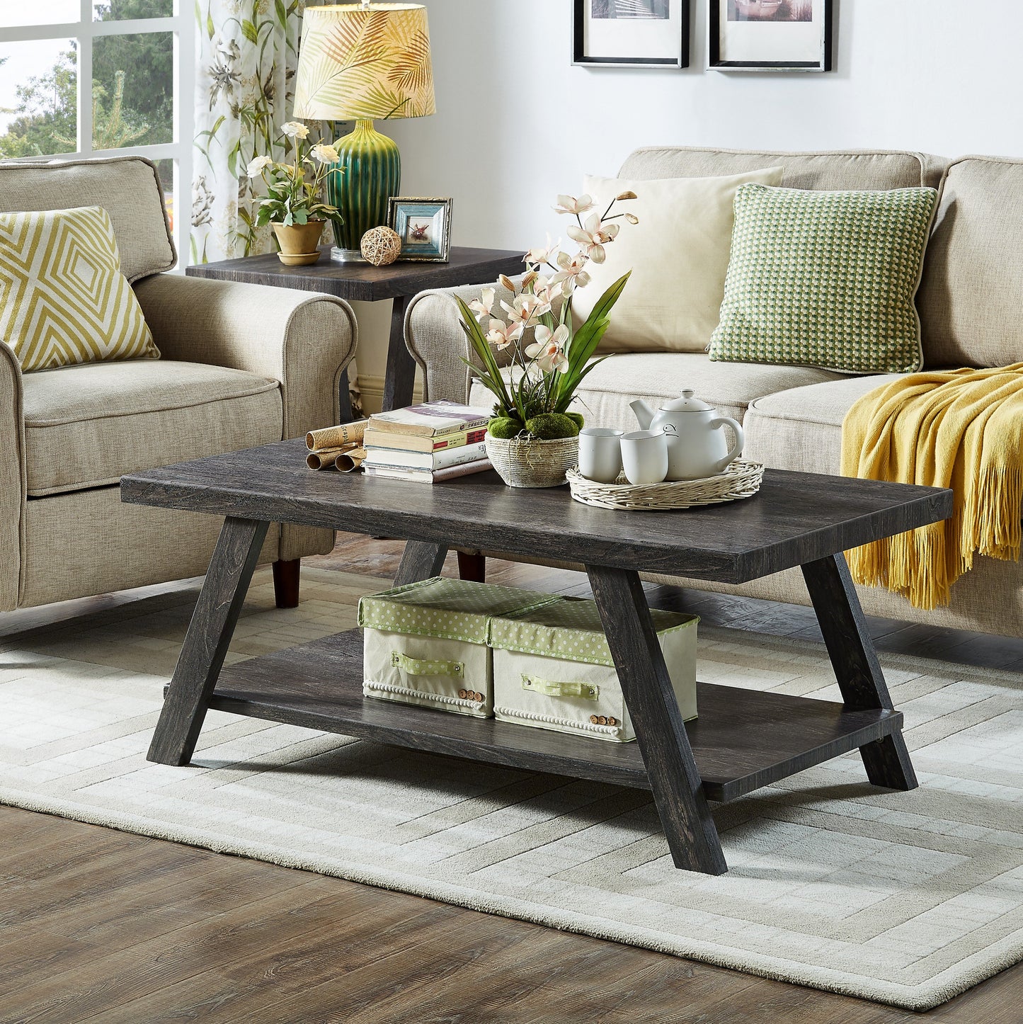 Athens Contemporary Replicated Wood Shelf Coffee Set Table in Charcoal Finish