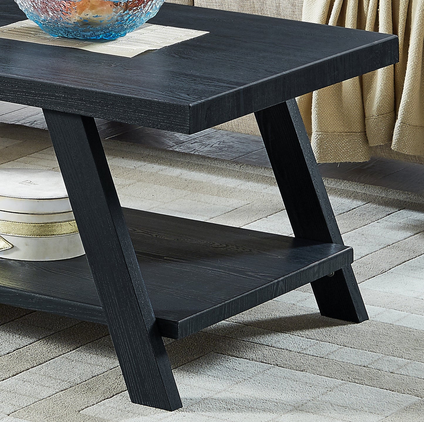 Athens Contemporary Replicated Wood Shelf Coffee Set Table in Black Finish
