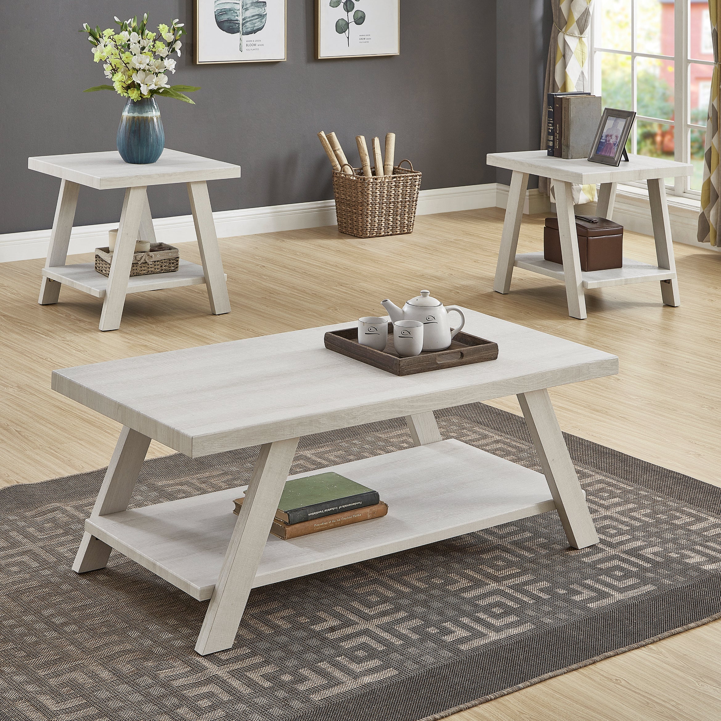 White and wood coffee table outlet set