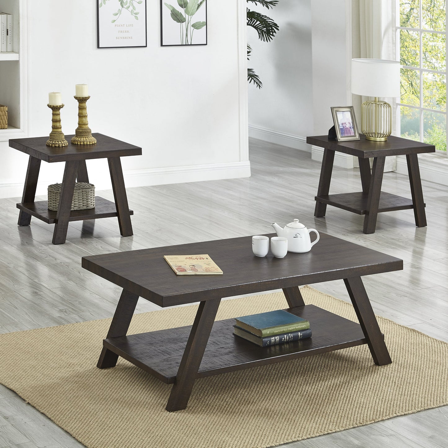 Athens Contemporary 3-Piece Wood Shelf Coffee Table Set in Weathered Espresso