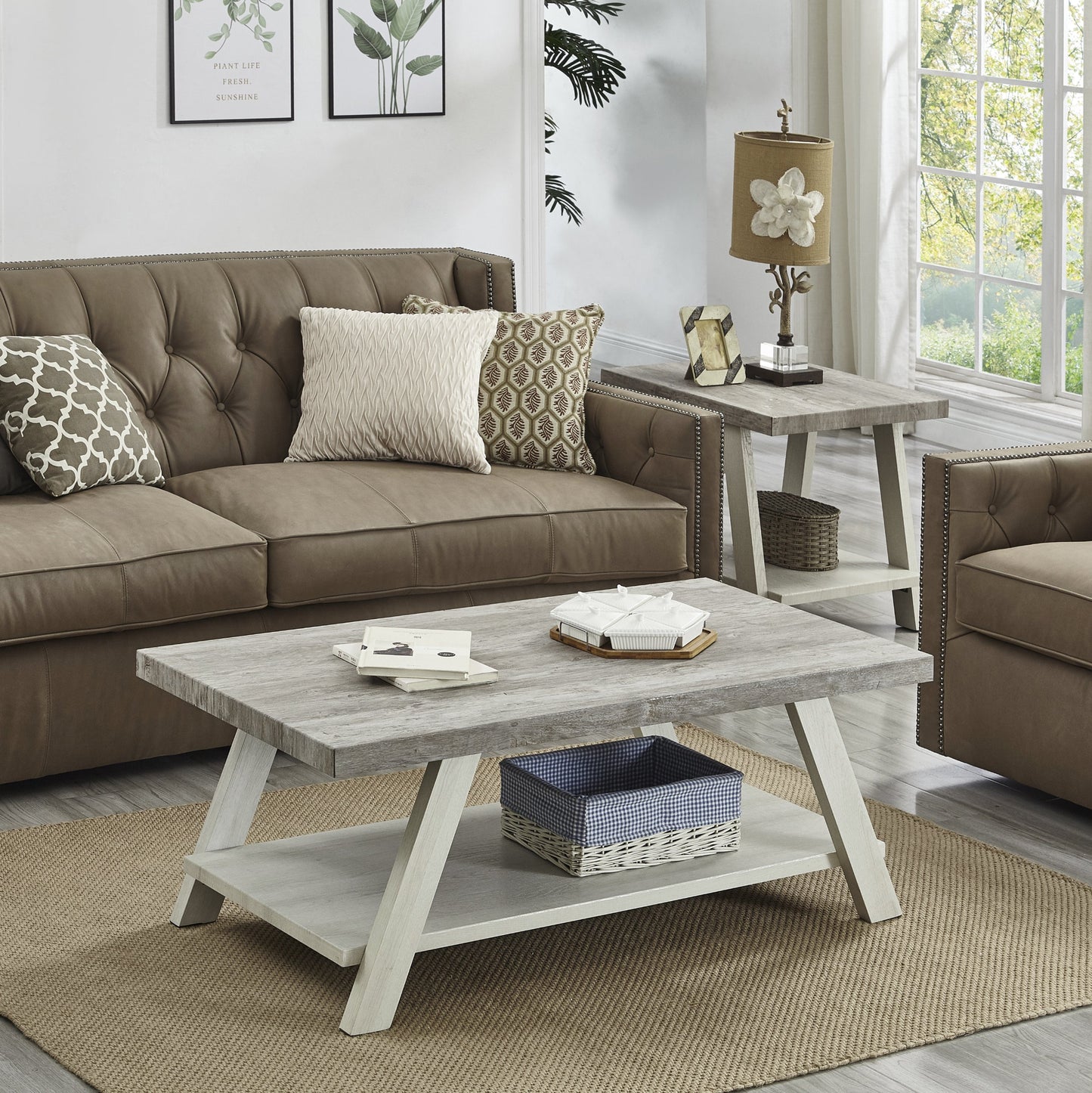 Athens Contemporary 3-Piece Wood Shelf Coffee Table Set in Weathered Gray and Beige