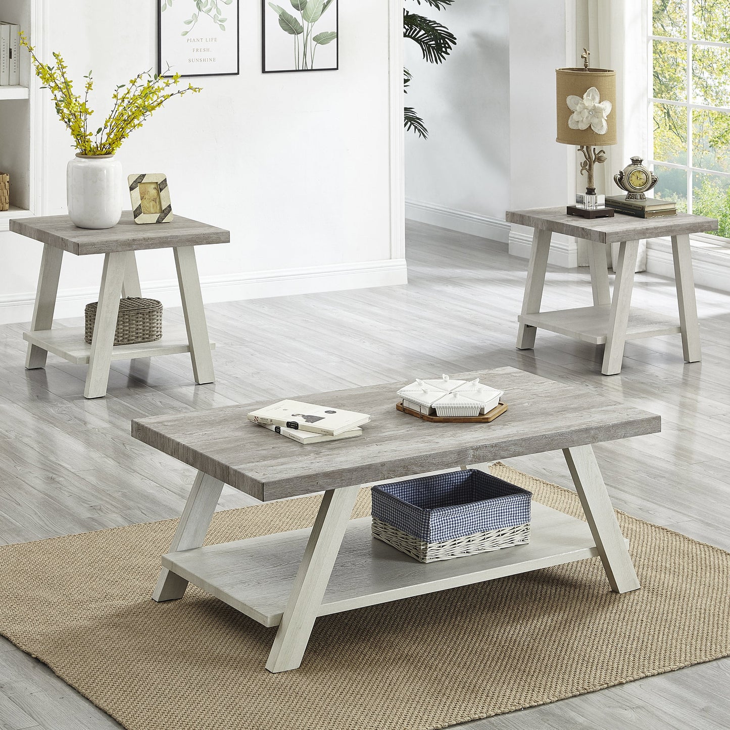 Athens Contemporary 3-Piece Wood Shelf Coffee Table Set in Weathered Gray and Beige