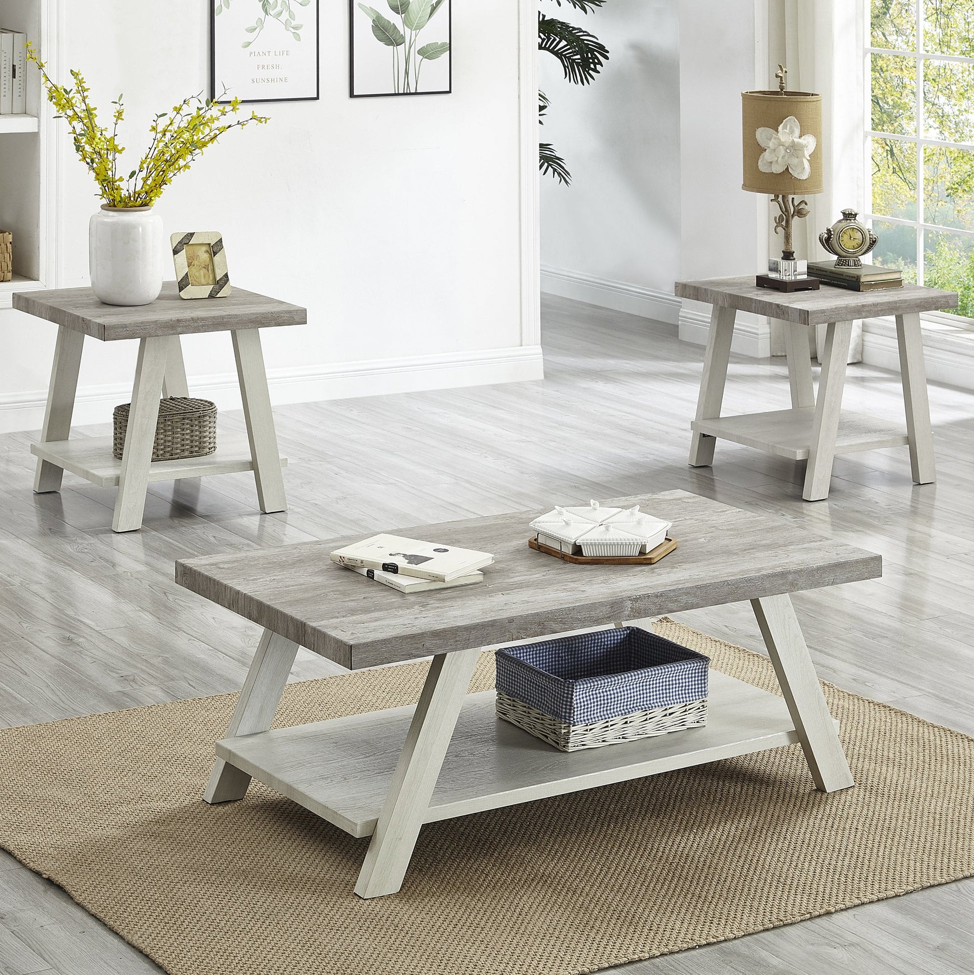 Athens Contemporary 3-Piece Wood Shelf Coffee Table Set in