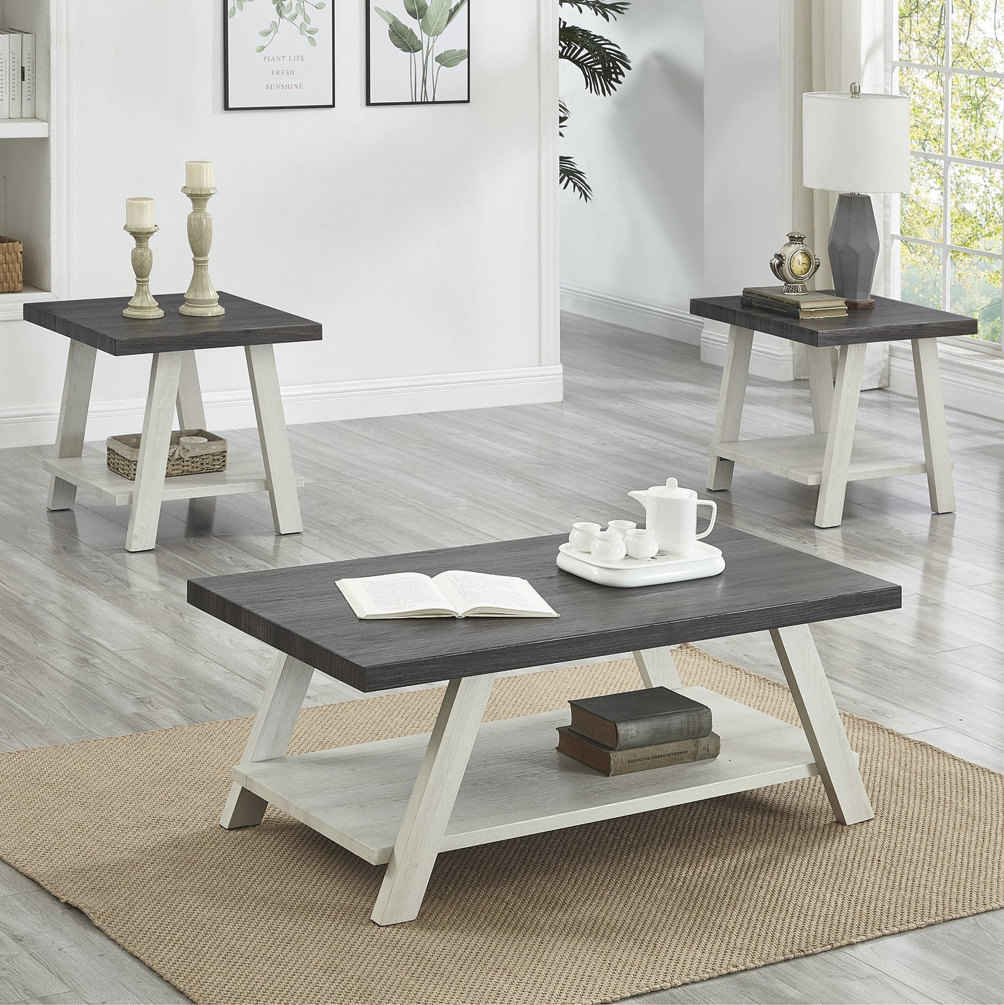 Athens Contemporary 3-Piece Wood Shelf Coffee Table Set in Weathered Charcoal and Beige