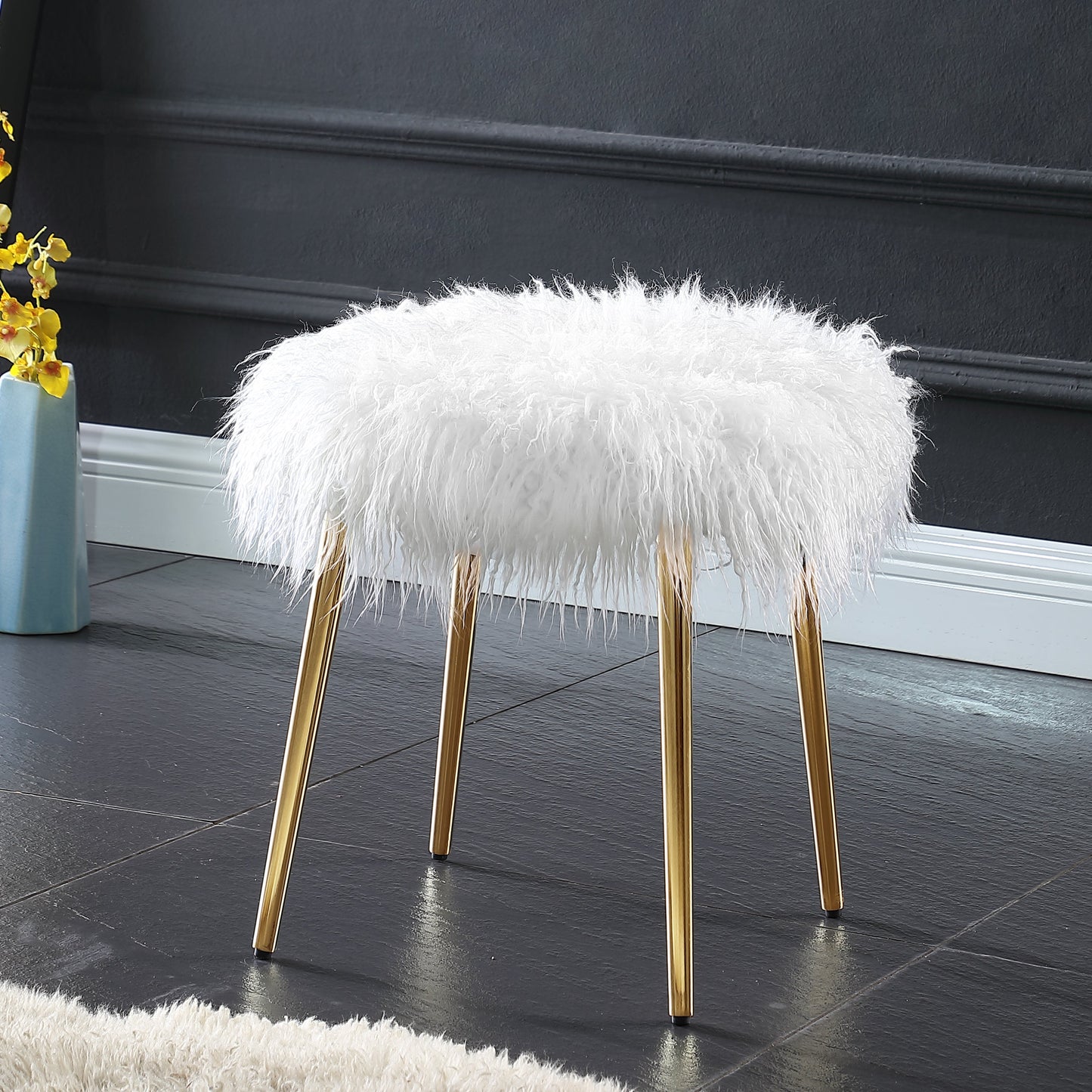 Ravni Faux Fur Accent Ottoman with Gold Legs