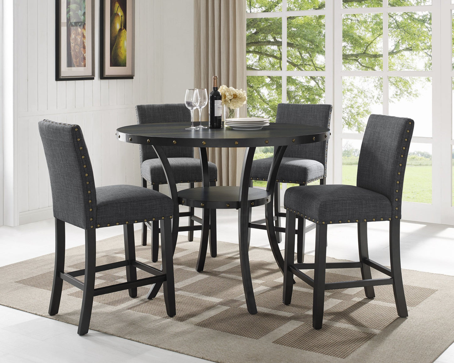 Biony Espresso Wood Counter Height Dining Set with Grey Fabric Nailhead Stools