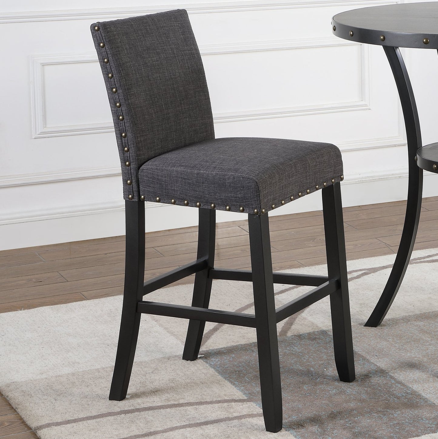 Biony 3-Piece 36" Round Espresso Finish Bar Table with 2 Gray Fabric Nail Head Pub Chairs