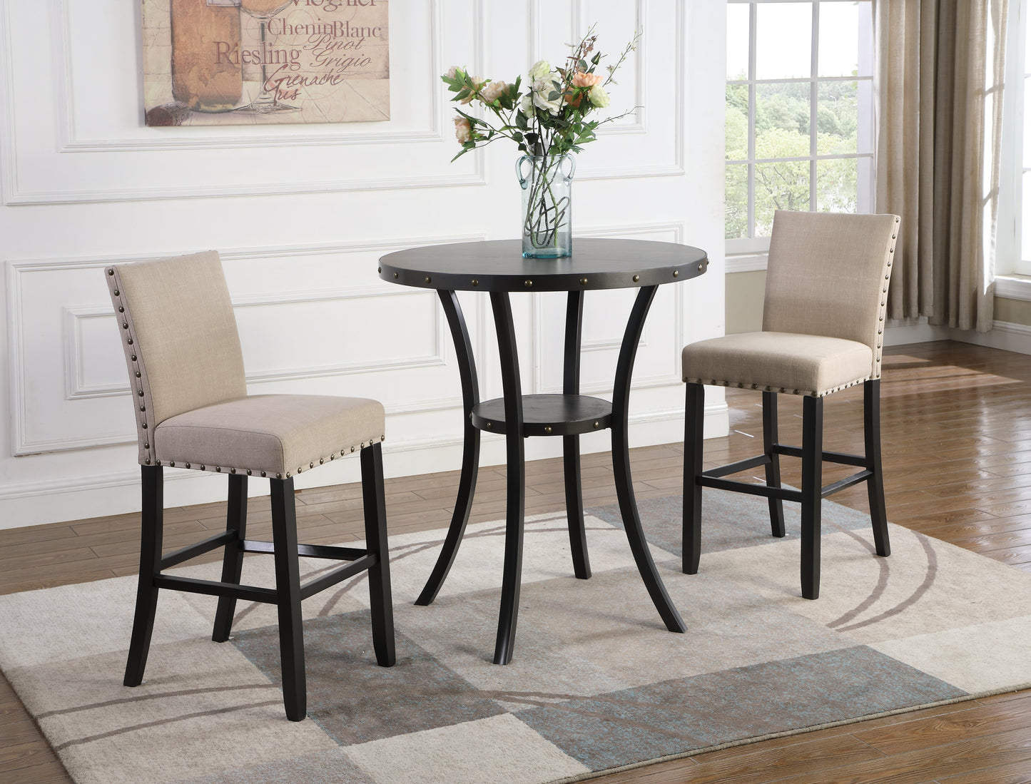 Biony 3-Piece 36" Round Espresso Finish Bar Table with 2 Tan Fabric Nail Head Pub Chairs