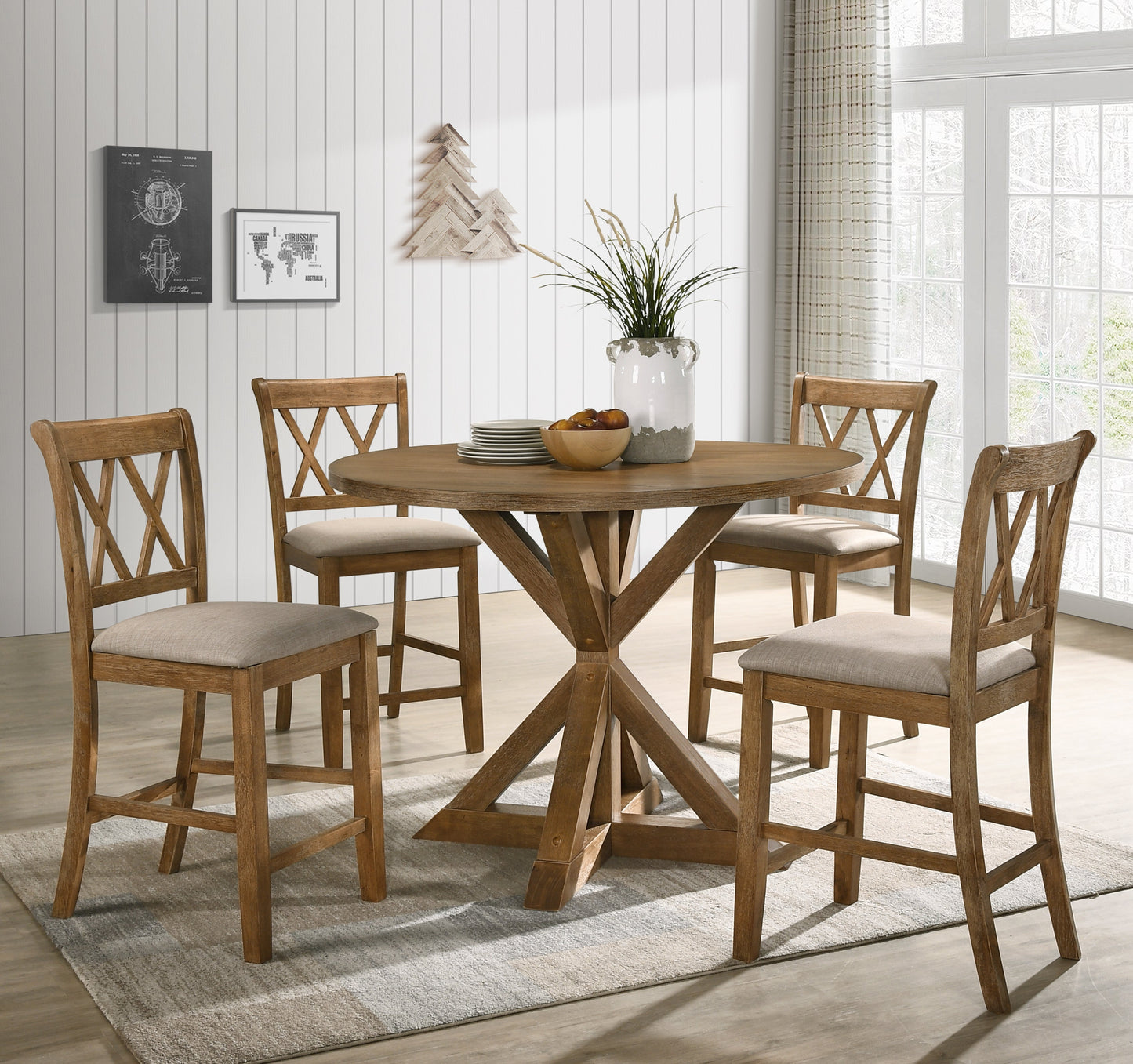 Windvale Cross-Buck Wood 5-Piece Counter Height Dining Set, Tan