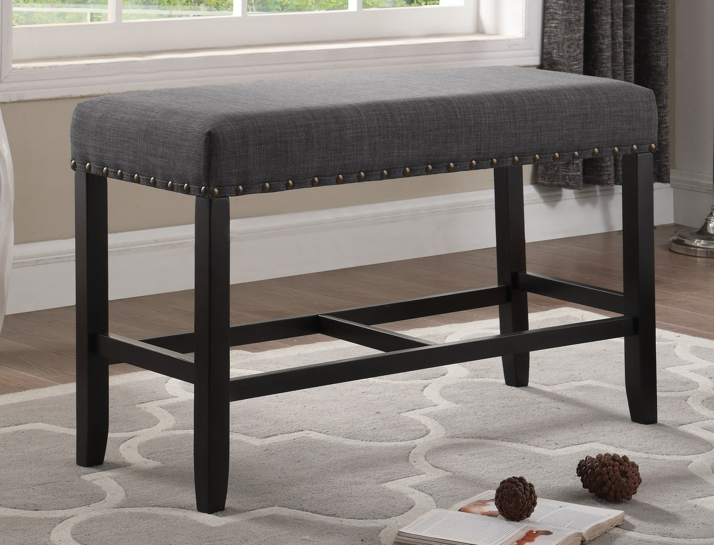 Biony Grey Fabric Counter Height Dining Bench with Nailhead Trim