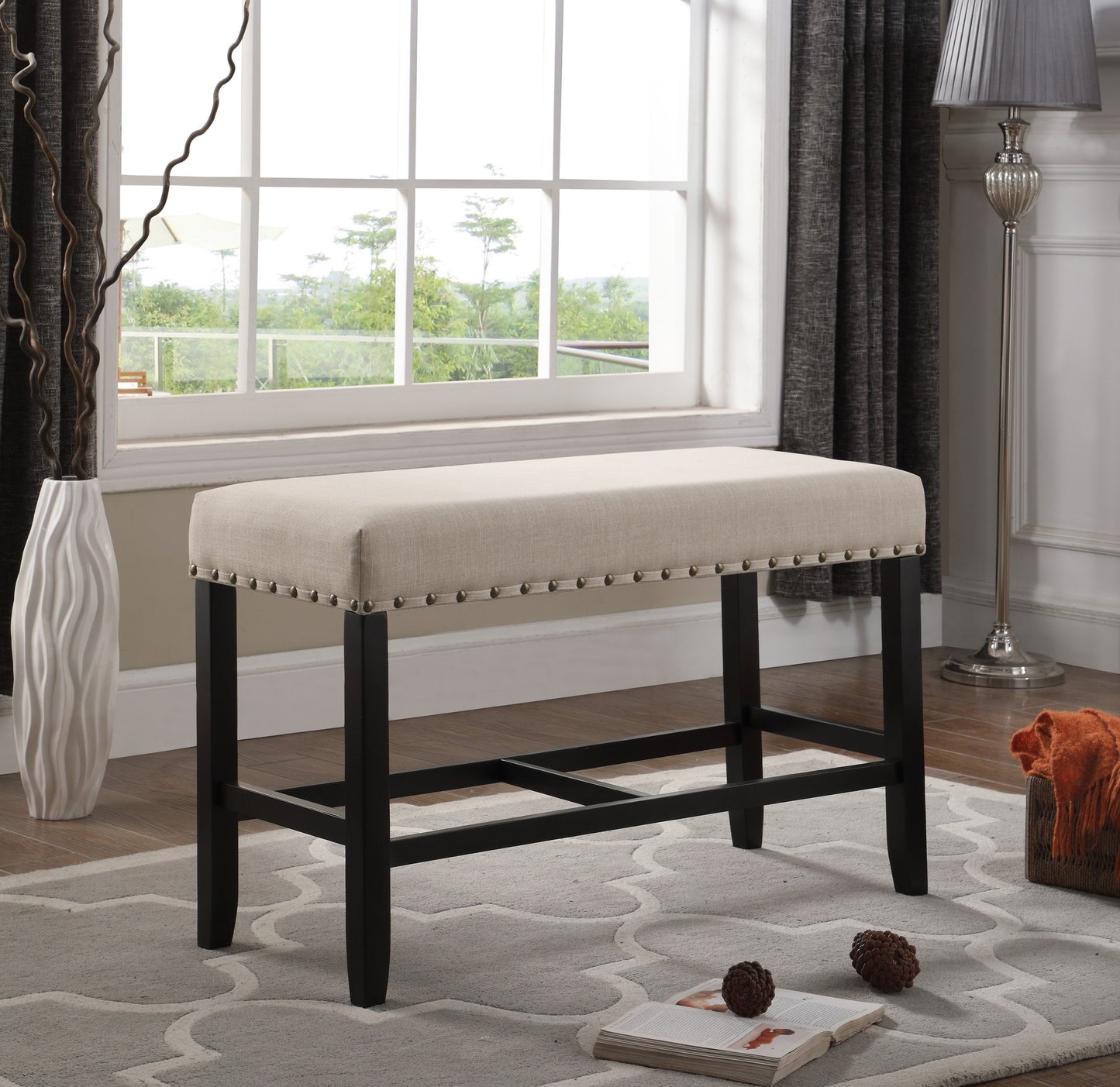 Biony Tan Fabric Counter Height Dining Bench with Nailhead Trim