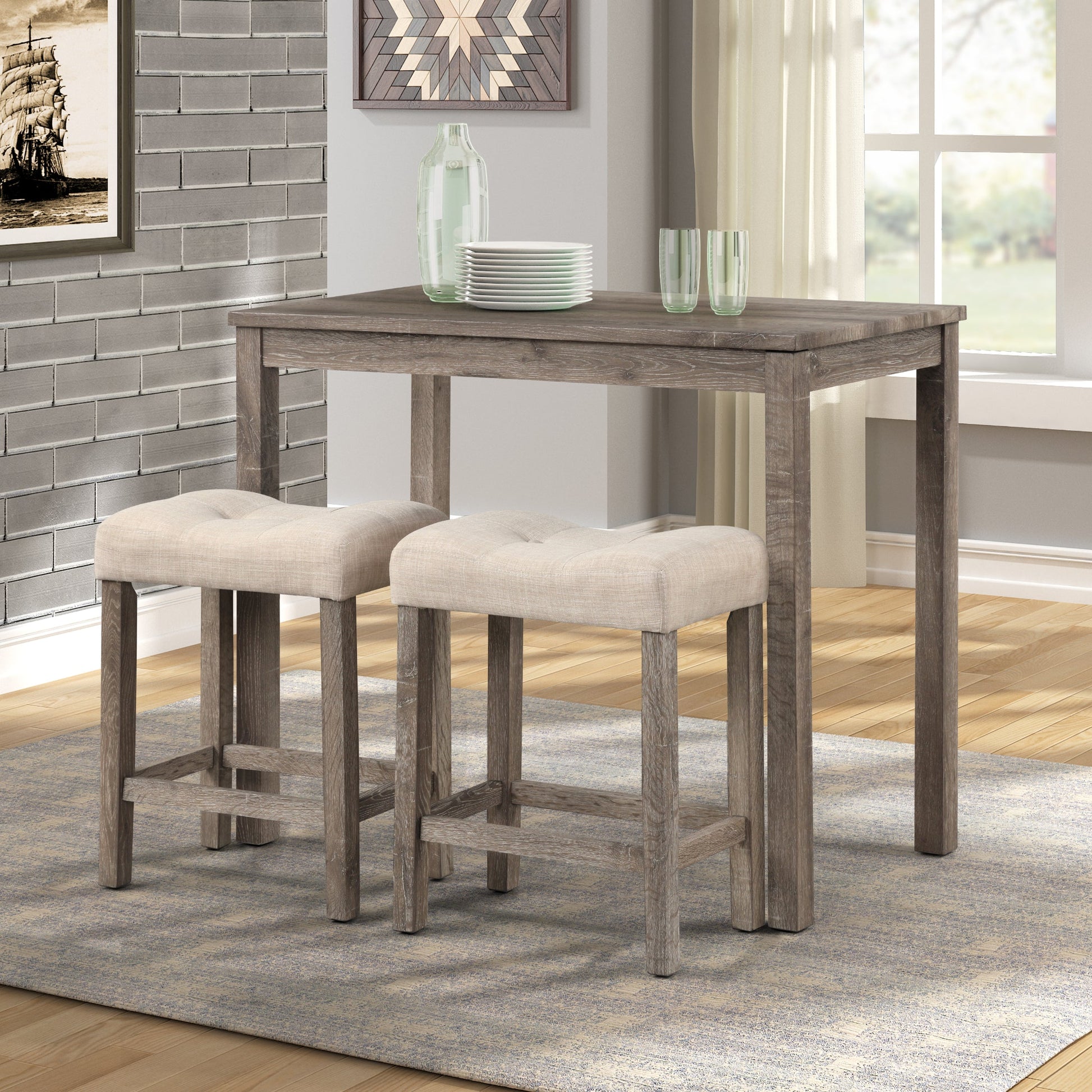 Roundhill Furniture Sora Button Tufted Counter Height Stools, Set Of 2 In Taupe - Solid Rubberwood Frame