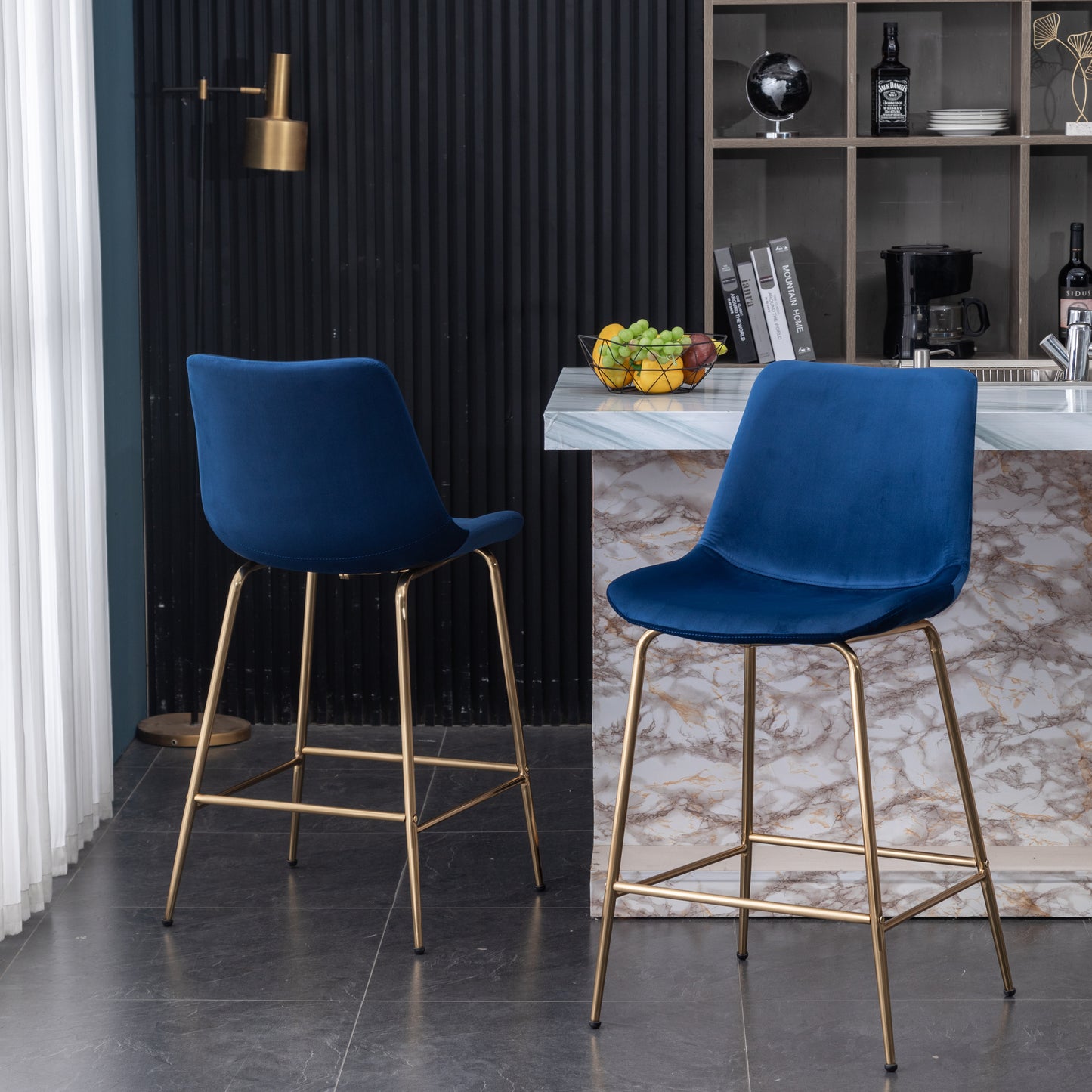 Roundhill Furniture Aufurr Modern Velvet 26.50 Counter Height Stool, Set of 2, Blue