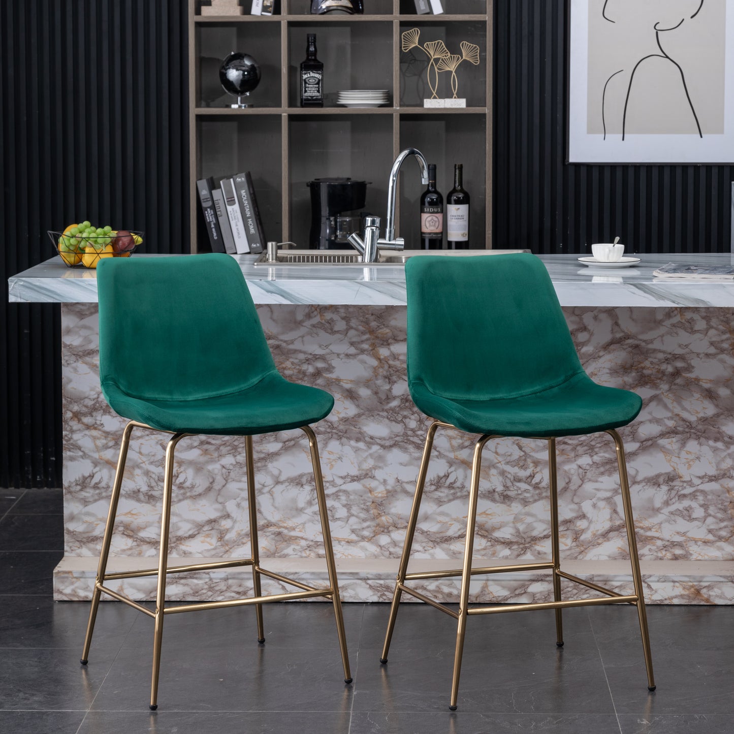 Roundhill Furniture Aufurr Modern Velvet 26.50 Counter Height Stool, Set of 2, Green