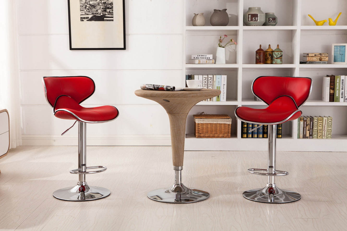 Masaccio Red Cushioned Leatherette Upholstery Airlift Adjustable Swivel Barstool with Chrome Base, Set of 2