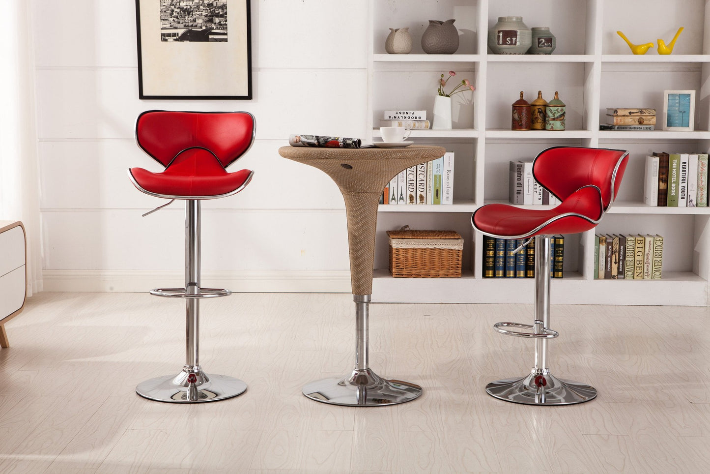 Masaccio Red Cushioned Leatherette Upholstery Airlift Adjustable Swivel Barstool with Chrome Base, Set of 2