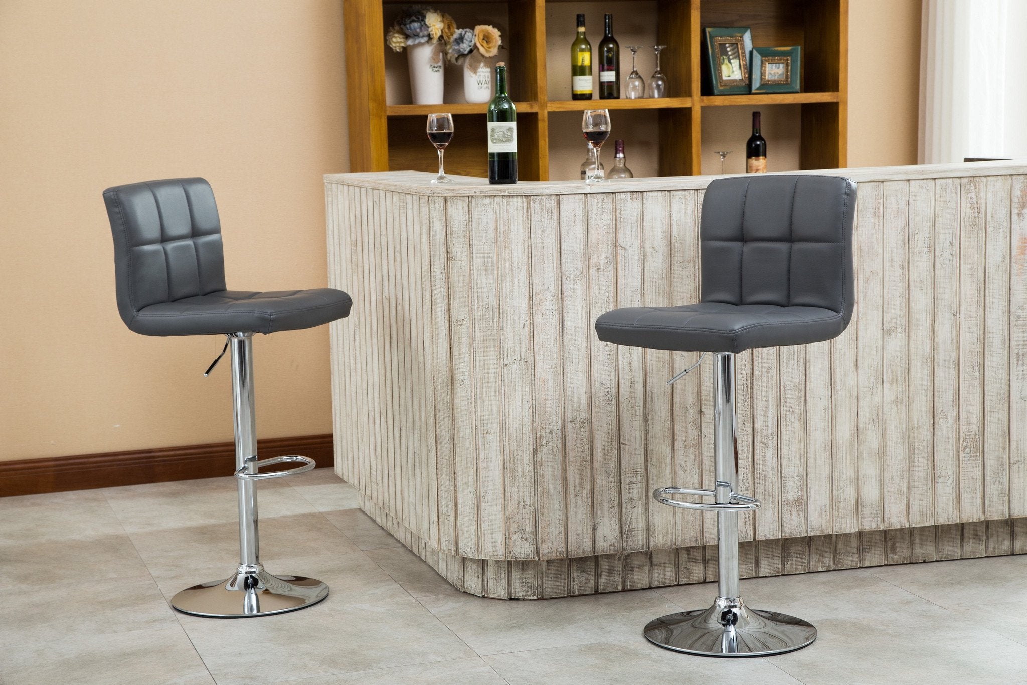 Swivel Leather Adjustable Hydraulic Bar Stool Set of 2 Gray